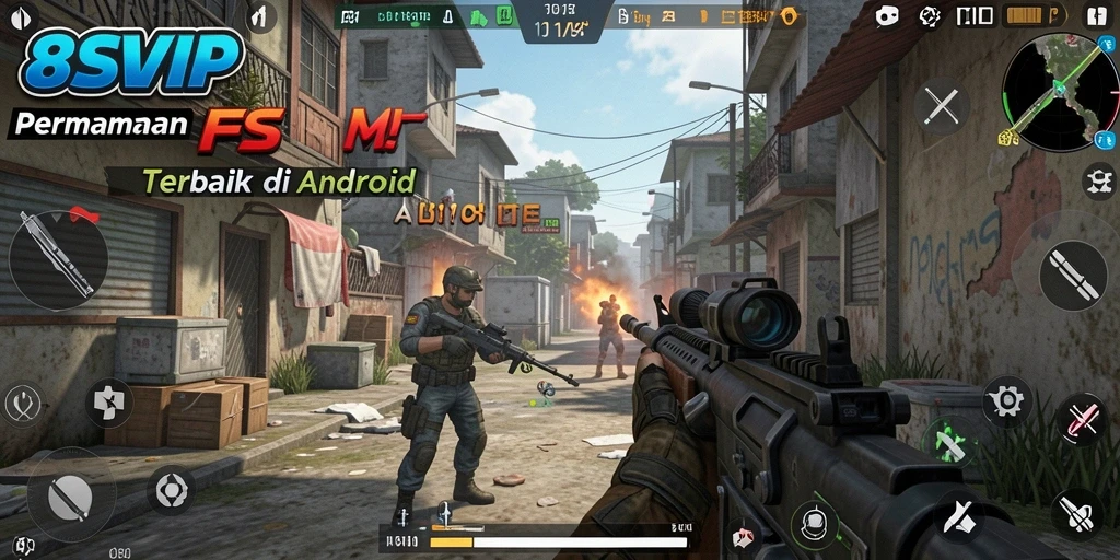 Screenshot utama gameplay 8SVIP menunjukkan aksi seru dalam pertempuran FPS.