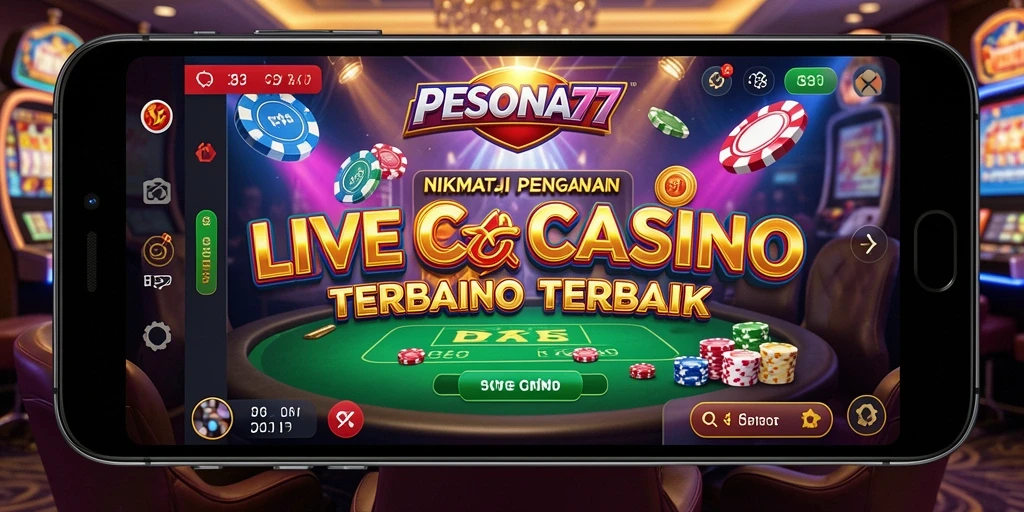Screenshot PESONA77 menampilkan dealer profesional dalam permainan Live Casino yang menegangkan.